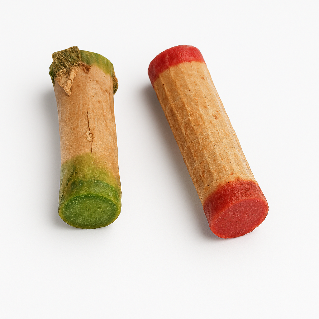 Two ti cuttings with green and red waxed ends on a white background