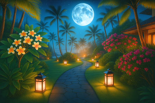 Pathway through a tropical garden at night with lanterns, flowers, and palm trees under a full moon.